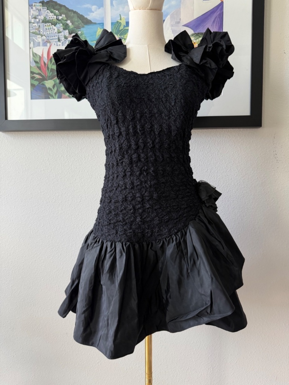 80s VINTAGE Breakin' loose Made in USA Puff Sleeve Asymmetrical Rosette Dress